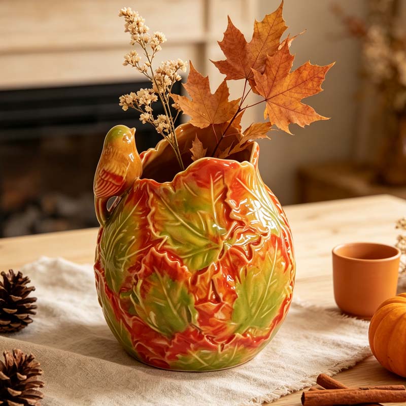 Gradient Maple Leaf 3D Bird Handle Ceramic Water Pitcher Vase, Rustic Fall Style Ceramic Vase