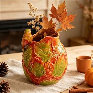 Gradient Maple Leaf 3D Bird Handle Ceramic Water Pitcher Vase, Rustic Fall Style Ceramic Vase