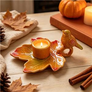 Hand-Painted Gradient Maple Leaf Ceramic Candle Holder with Perched Bird | Fall Harvest Pillar Candle Decor