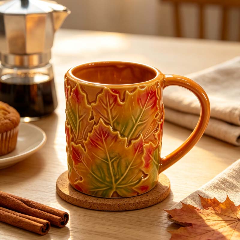 Embossed Autumn Leaf Ceramic Mug, Rustic Fall Coffee Cup with Maple Leaf Design