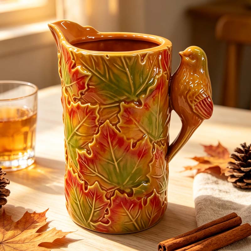 Hand-Painted Embossed Gradient Maple Leaf Ceramic Pitcher with Bird Handle | Fall Harvest Decorative Vase