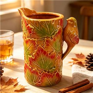 Hand-Painted Embossed Gradient Maple Leaf Ceramic Pitcher with Bird Handle | Fall Harvest Decorative Vase