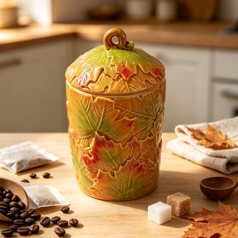 Maple Leaf Embossed Ceramic Canister, Rustic Fall Kitchen Storage Jar with Lid