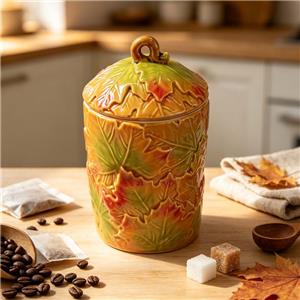 Maple Leaf Embossed Ceramic Canister, Rustic Fall Kitchen Storage Jar with Lid