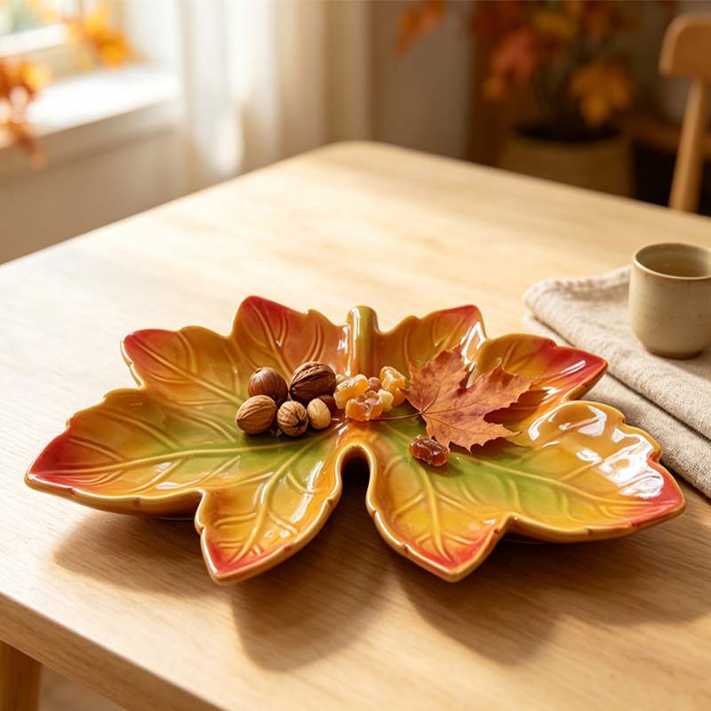 Hand-Painted Gradient Maple Leaf Shape Ceramic Divided Serving Tray with Bird | Fall Harvest Serving Platter