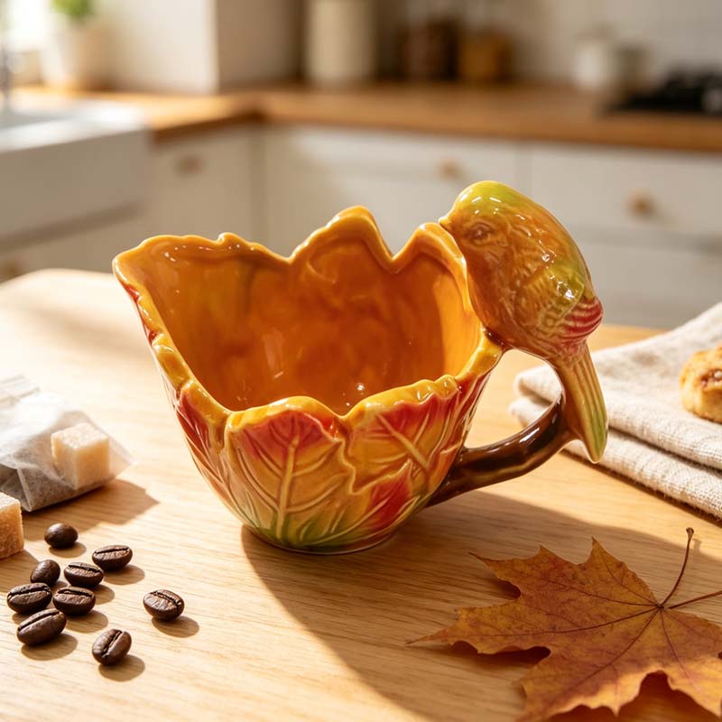 Embossed Maple Leaf Petal Rim Ceramic Cup with 3D Bird Handle, Fall Themed Breakfast Cup Storage Bowl