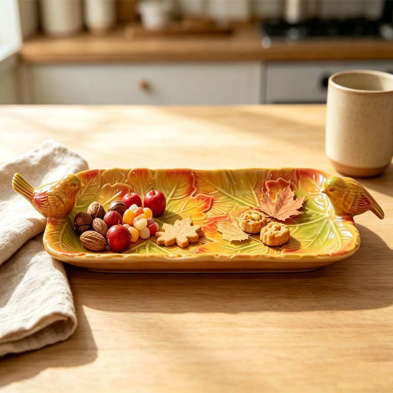 Autumn Leaf Embossed Ceramic Serving Tray with Bird Handles, Fall Harvest Rectangular Platter