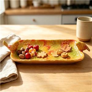 Autumn Leaf Embossed Ceramic Serving Tray with Bird Handles, Fall Harvest Rectangular Platter