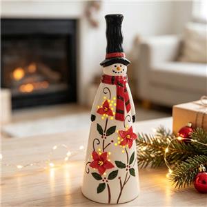 Three-Poinsettia Decor Hollow Light-Up Ceramic Snowman, Christmas Holiday LED Decor Light Figurine