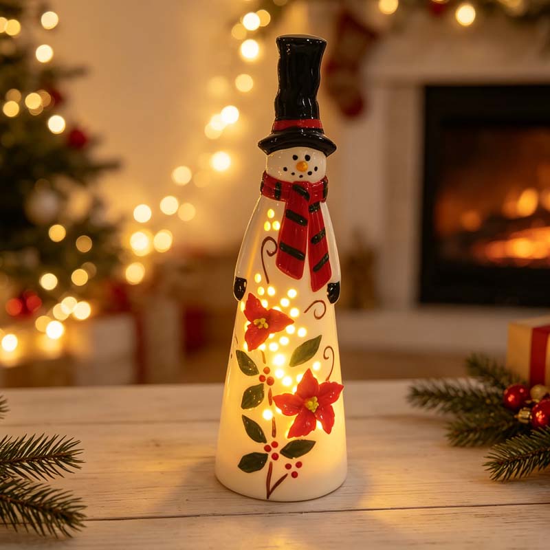 Double Poinsettia Hollow Light-Up Tall Top Hat Ceramic Snowman, Christmas Holiday Atmosphere LED Decor Figurine