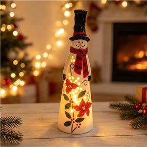 Double Poinsettia Hollow Light-Up Tall Top Hat Ceramic Snowman, Christmas Holiday Atmosphere LED Decor Figurine