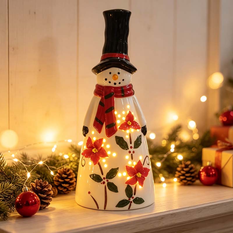 Chubby Ceramic Snowman Figurine with LED Lights & Three Red Poinsettia Accents, Christmas Mantel Decor & Holiday Gift