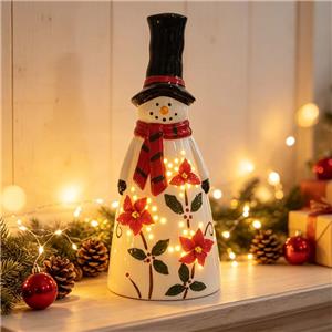 Chubby Ceramic Snowman Figurine with LED Lights & Three Red Poinsettia Accents, Christmas Mantel Decor & Holiday Gift
