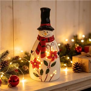 LED Lighted Ceramic Snowman Figurine with Top Hat & Red Scarf - Hand-Painted Poinsettia Holiday Night Light