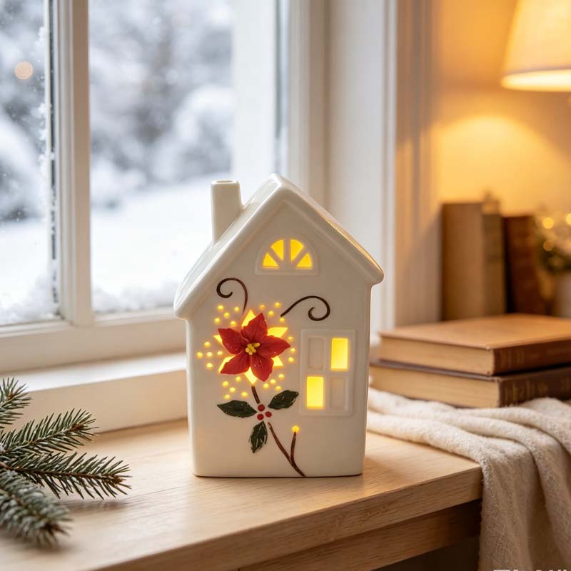 Poinsettia Ceramic White Roof Tiny House LED Light - Christmas Holiday Glowing Cottage Decor Figurine