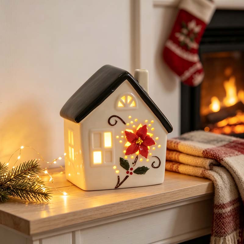 Dark Black Roof Lighted Window Ceramic Christmas House Figurine - 3D Poinsettia Hand-Painted Night Light Decor
