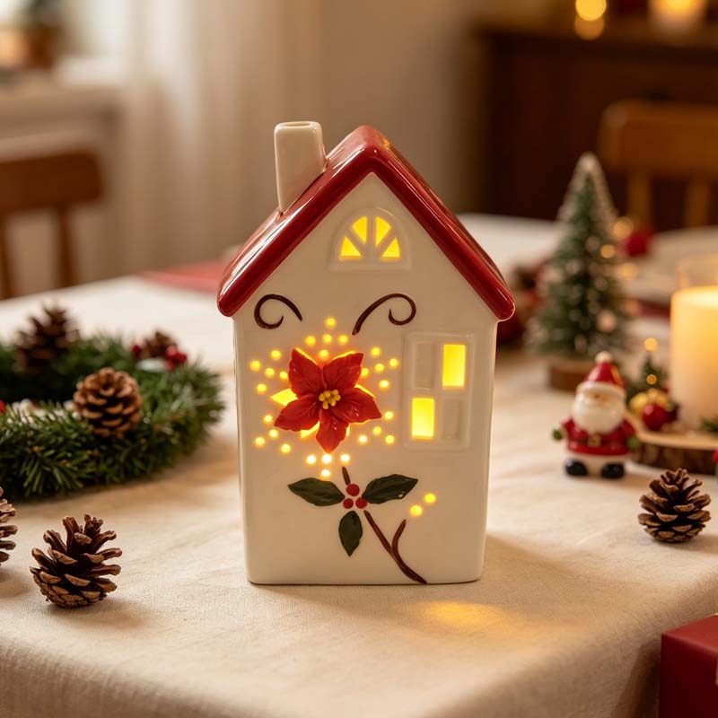 Christmas Poinsettia Hollow Light-Up Red Roof Ceramic Little House, Holiday Atmosphere LED Decorative Figurine
