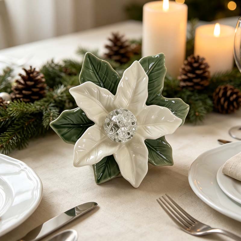 Crystal-Center White Poinsettia Ceramic Candle Holder – Elegant Floral Decor with Glossy Green Leaves & Handcrafted Detailing