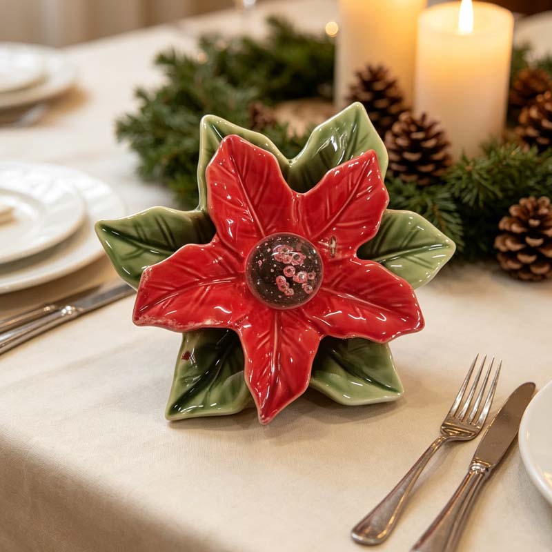 Crystal Diamond Center Christmas Red Flower Green Leaves Ceramic Candle Holder——Christmas Holiday Floral Tabletop Figurine