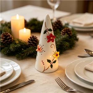 Three-Color Floral Cone Ceramic Christmas Tree Light, LED Holiday Home Decor Ornament
