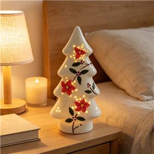 Glowing Ceramic Christmas Tree Decor – Hand-Painted Red Poinsettia & Holly Motif with Warm LED Lights
