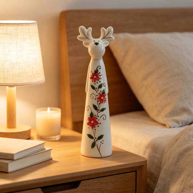 Tall Cute Ceramic Reindeer - 3D Poinsettia Cutout Decor Figurine
