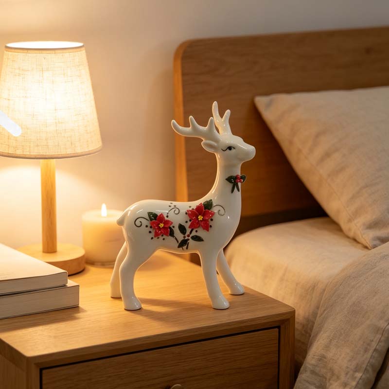 White Ceramic Standing Reindeer Figurine with Poinsettia – Scandinavian Minimalist Holiday Decor