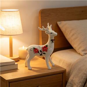 White Ceramic Standing Reindeer Figurine with Poinsettia – Scandinavian Minimalist Holiday Decor