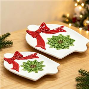 Christmas Ceramic Poinsettia Serving Platter, Festive Red Bow Decorative Plate