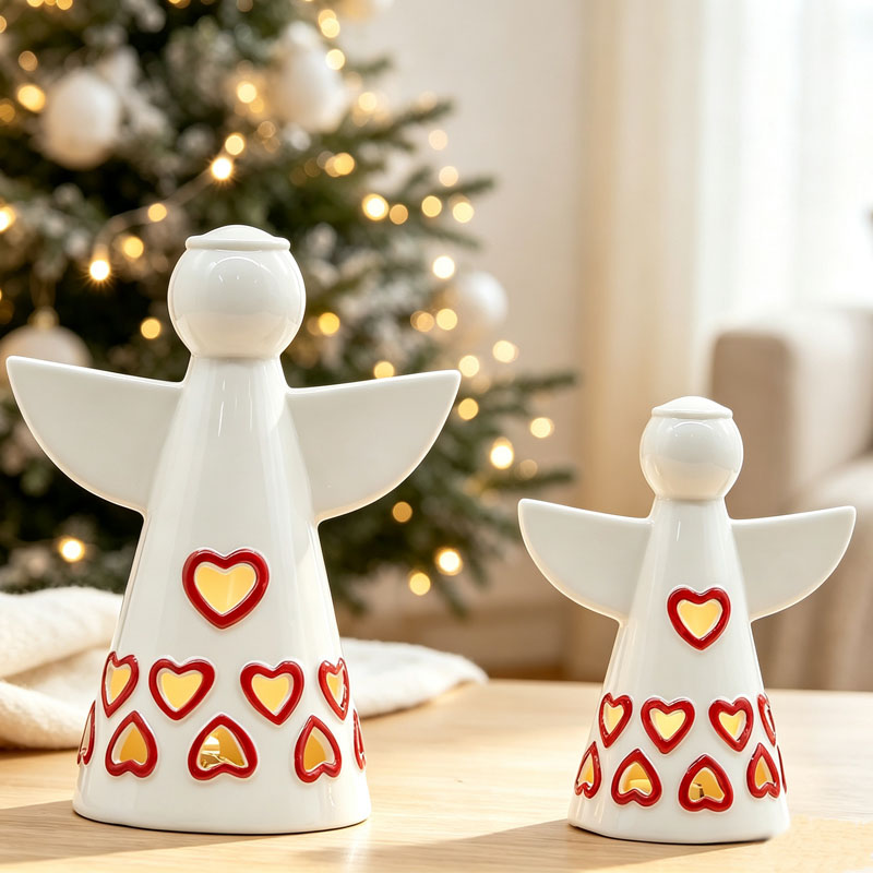Heart Hollow Light-Up Ceramic Angel Figurine Set, Christmas Holiday Decor Light
