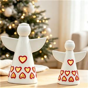Heart Hollow Light-Up Ceramic Angel Figurine Set, Christmas Holiday Decor Light