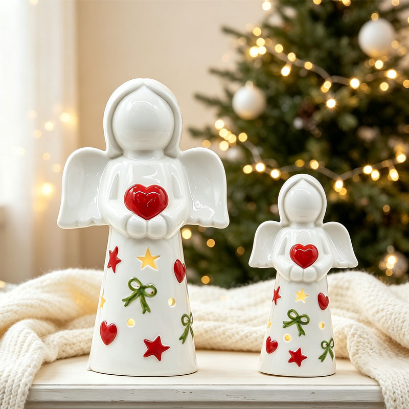 Hand-Painted Ceramic Heart-Holding Angel Figurines - Red Heart Star Bow Christmas Holiday Glowing Decor Set