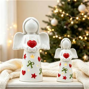 Hand-Painted Ceramic Heart-Holding Angel Figurines - Red Heart Star Bow Christmas Holiday Glowing Decor Set