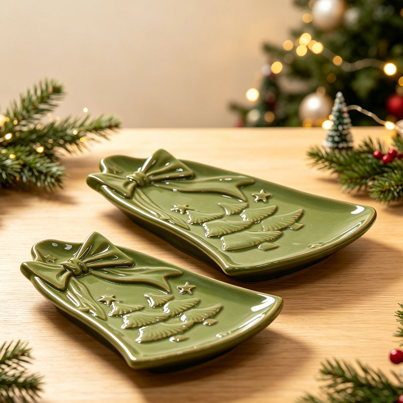 Matcha Green Embossed Christmas Tree Ceramic Decorative Plate, Festive Bow Accent Serving Dish