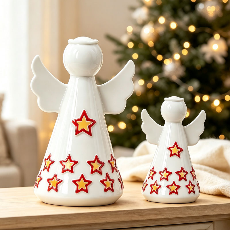 Star Hollow Ceramic Angel Figurine Set, Christmas Holiday Atmosphere Decor Light