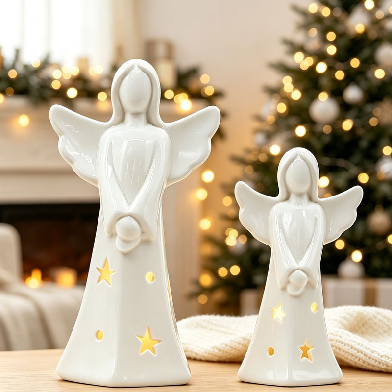 Pure White Ceramic Prayer Angel Figurines | Star Cutout LED Warm Glow Christmas Holiday Decor Pair