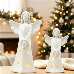 Pure White Ceramic Prayer Angel Figurines | Star Cutout LED Warm Glow Christmas Holiday Decor Pair