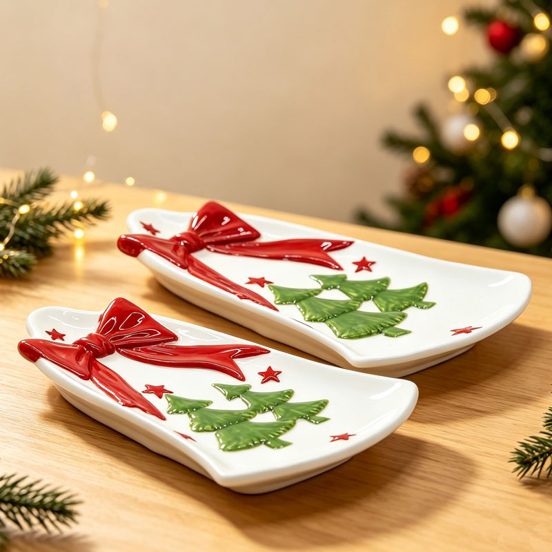 Red Bow & Green Christmas Tree Embossed Ceramic Serving Platter, White Glossy Festive Decorative Dish