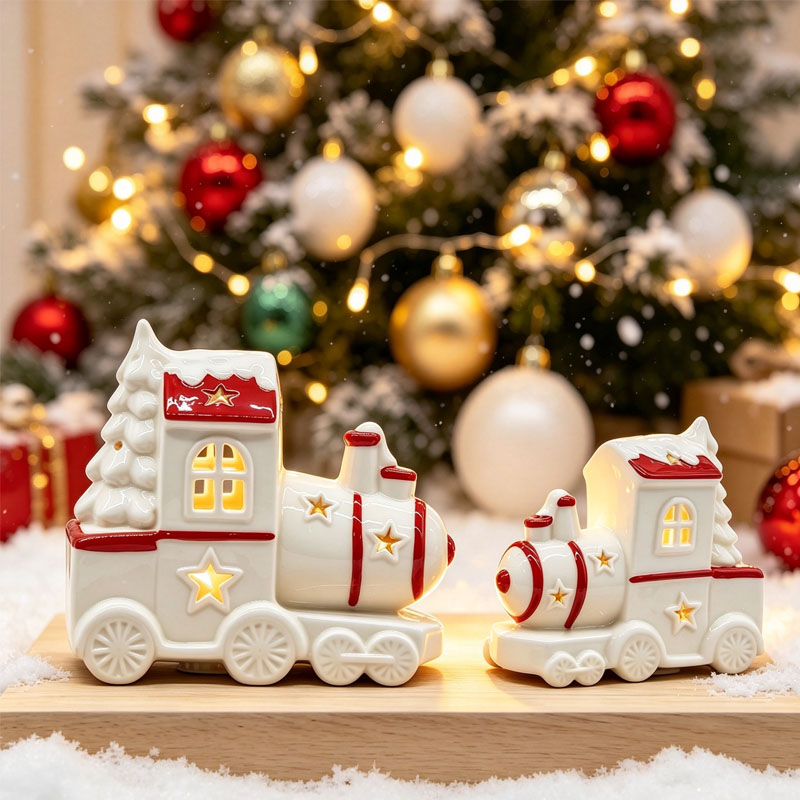 Set of 2 Christmas Ceramic Train Ornaments, Mini Red & White LED Train with Star Cutouts for Holiday Decor & Gifts