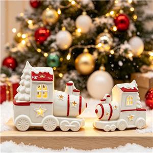 Set of 2 Christmas Ceramic Train Ornaments, Mini Red & White LED Train with Star Cutouts for Holiday Decor & Gifts