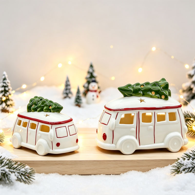 Christmas Tree Topped Bus Hollow Ceramic Figurine, Christmas Holiday Atmosphere Decoration