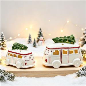 Christmas Tree Topped Bus Hollow Ceramic Figurine, Christmas Holiday Atmosphere Decoration