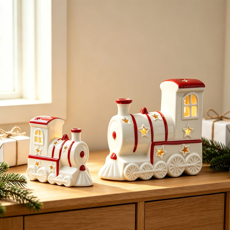 Vintage Red & White Ceramic Christmas Train Figurine Set - Star Cutout Holiday Decor Collection