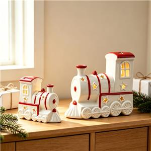 Vintage Red & White Ceramic Christmas Train Figurine Set - Star Cutout Holiday Decor Collection