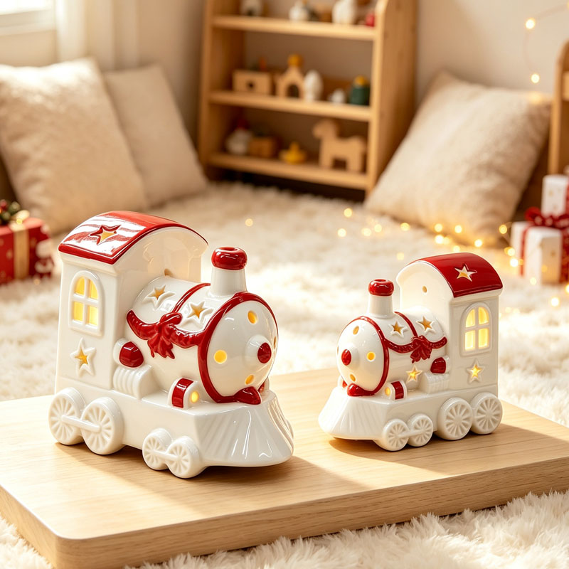 Cute Mini Christmas Ceramic Train, Red & White with Star Cutouts, Festive Holiday Home Decor & Christmas Gift