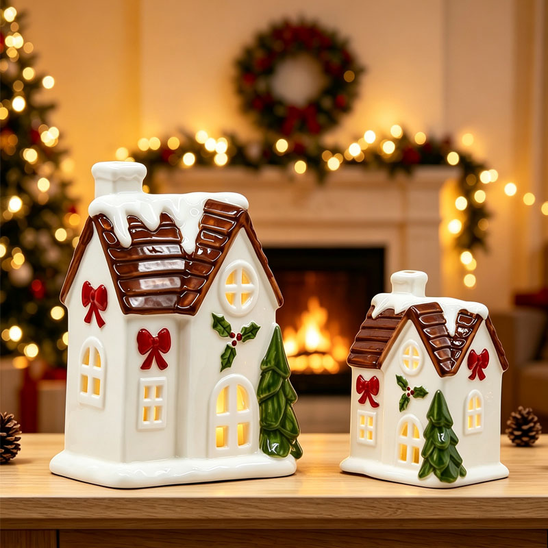 Brown Snow-Roof Christmas Vibe Bow Hollow Windowed Ceramic Cottage, Christmas Holiday Decorative Figurine