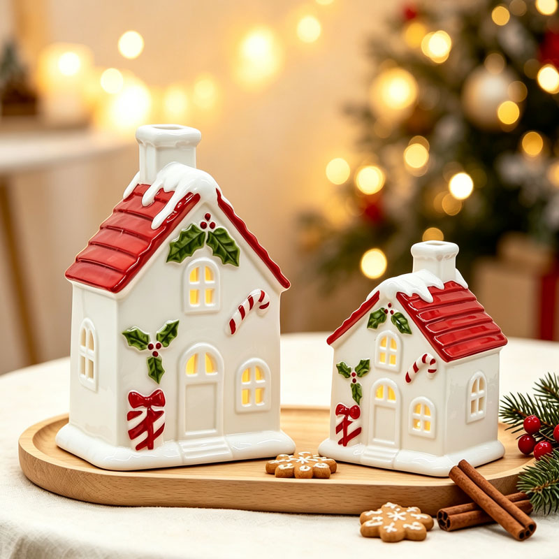 Ceramic Christmas House Figurine Set - Red Snow-Capped Roof, Holly Leaf & Candy Cane Embossed Holiday Decor Collection