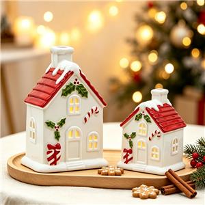 Ceramic Christmas House Figurine Set - Red Snow-Capped Roof, Holly Leaf & Candy Cane Embossed Holiday Decor Collection