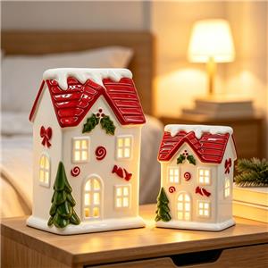 Christmas Ceramic House Figurine, White Body with Red Roof, Holly & Bow Accents, Festive Holiday Home Decor & Christmas Gift