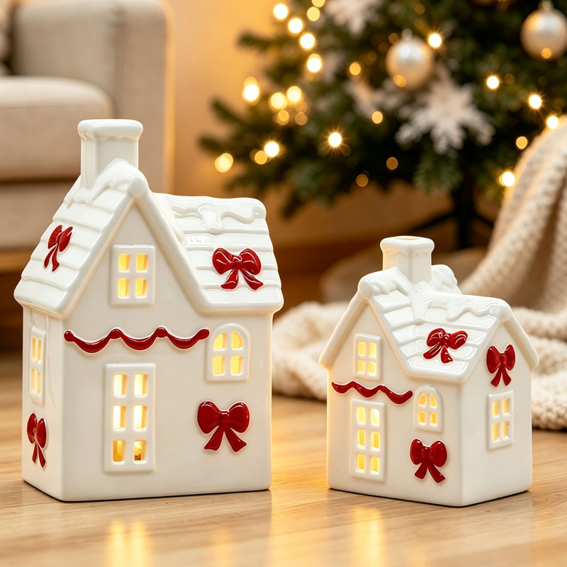 Cream Style Ceramic Christmas Cottage with Chimney Snow-Roof, Hollow Windows and Red Bow Decoration, Holiday Tabletop Ornament